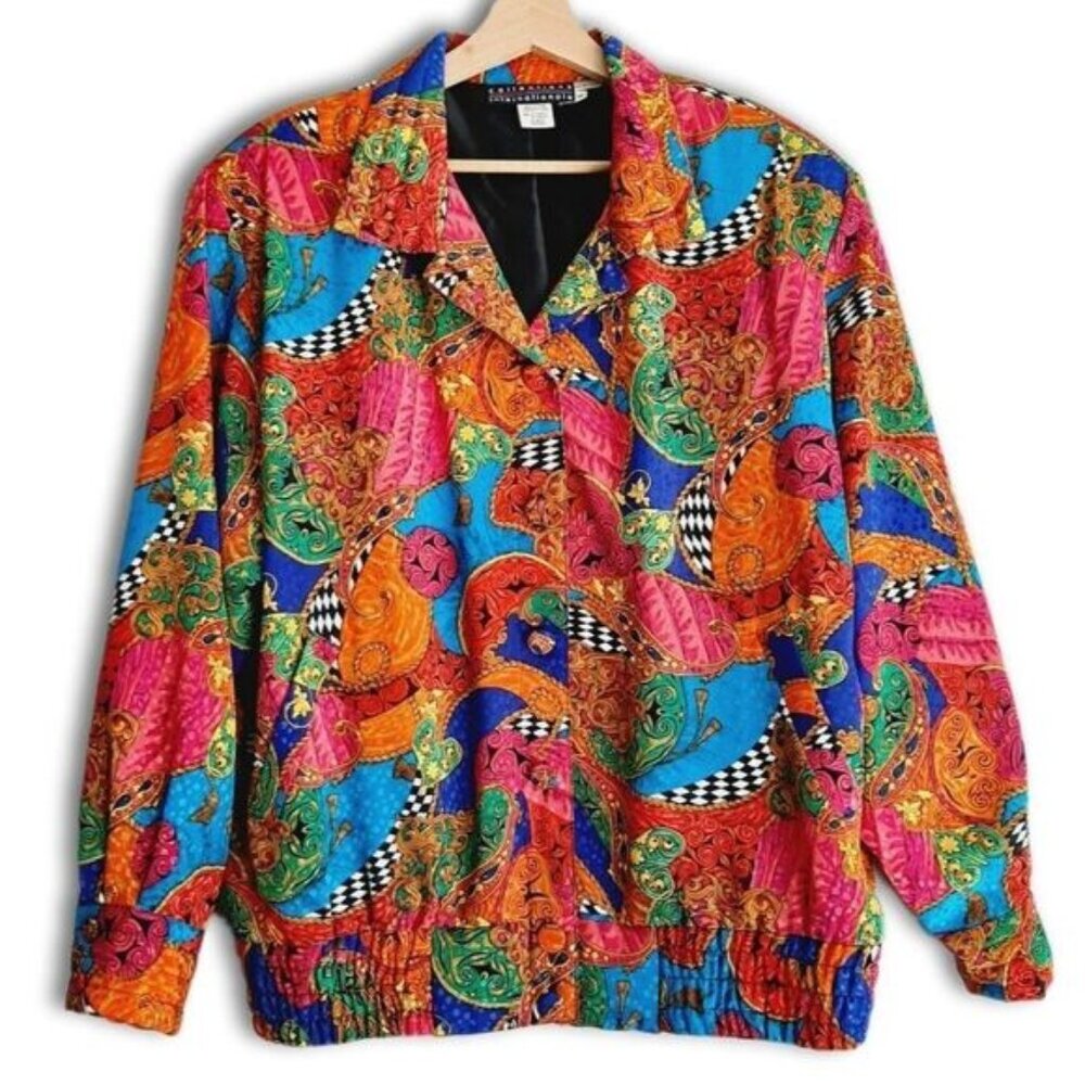 Vintage Silky Satin Retro Colorful Abstract Art Bomber Jacket Sz M